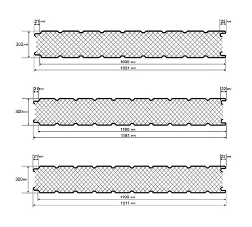 Сэндвич панели стеновые с пенополиуретаном, ширина 1000 мм, толщина 300 мм, 0.5/0.5, дуб